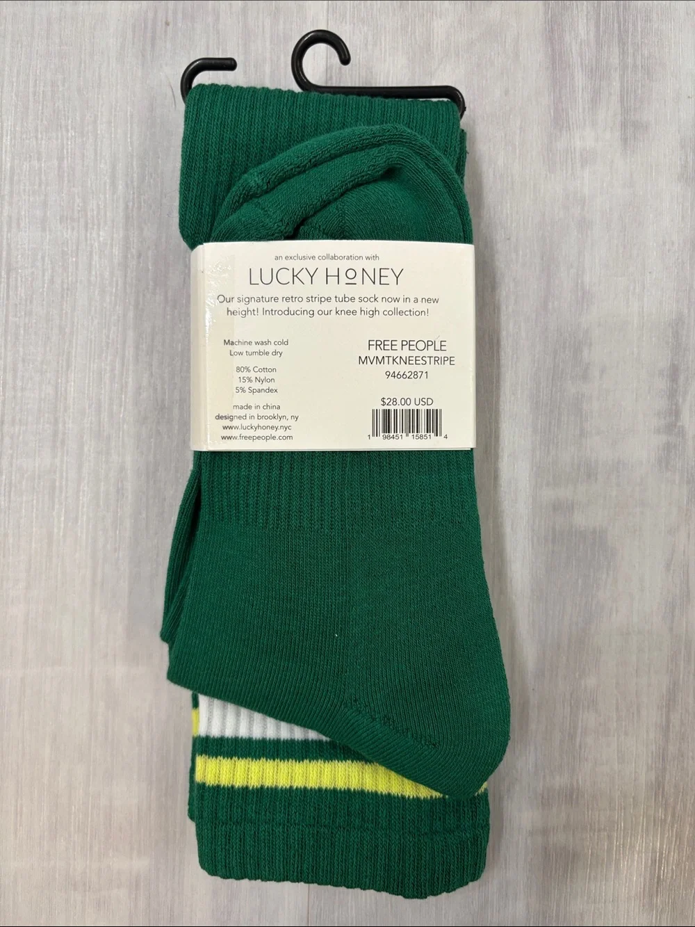 Free People Movement Green Knee-High Socks with Yellow & White Stripes NWT